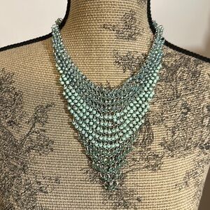 Vintage Robin egg blue beaded chain mail silver toned statement necklace